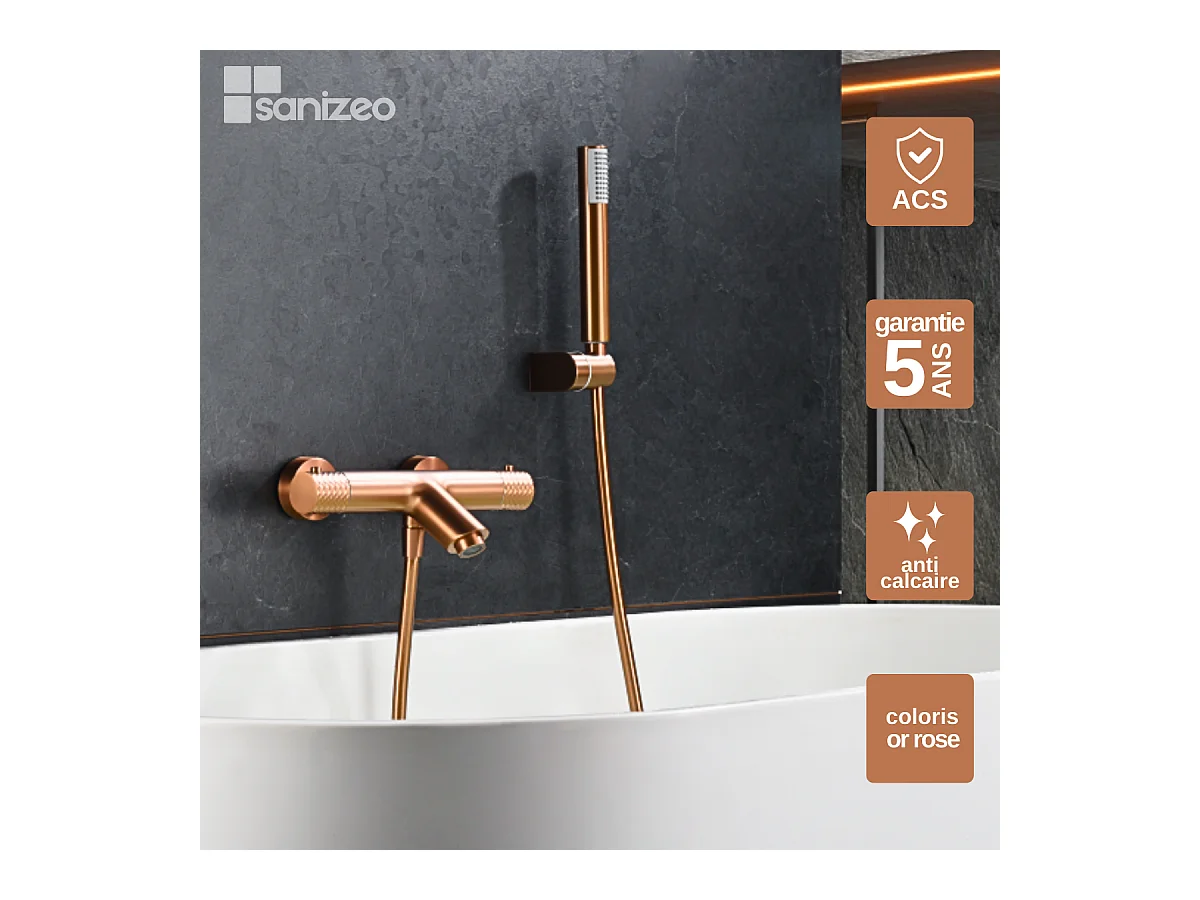 Ensemble Bain/Douche Thermostatique Anti-Calcaire Or Rose Cuivré GENOVA BDG053-4ORC