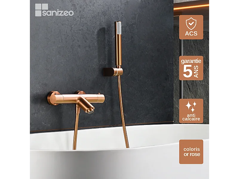 Ensemble Bain/Douche Thermostatique Anti-Calcaire Or Rose Cuivré GENOVA BDG053-4ORC
