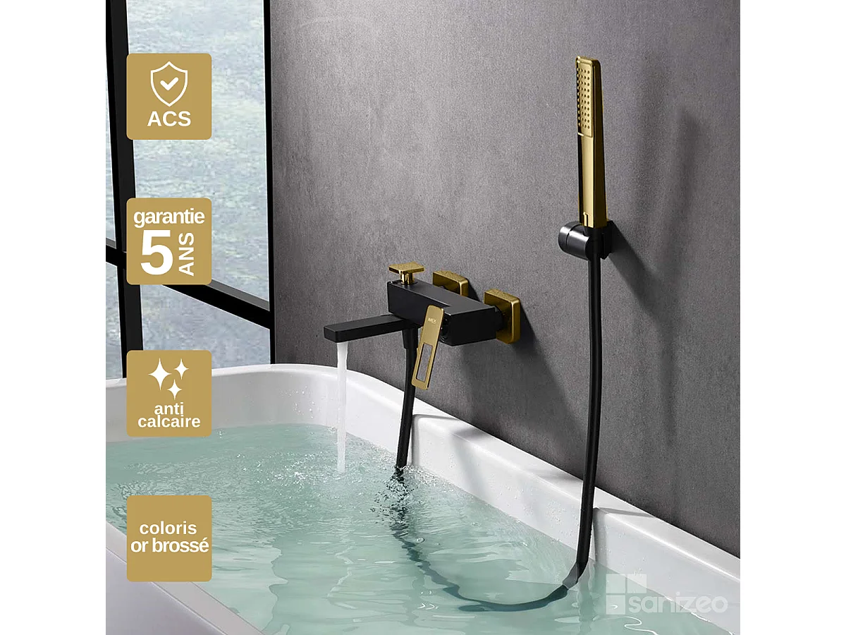 Ensemble Bain/Douche Noir Mat et Or Brillant SUECIA BDC032-7NGOLD