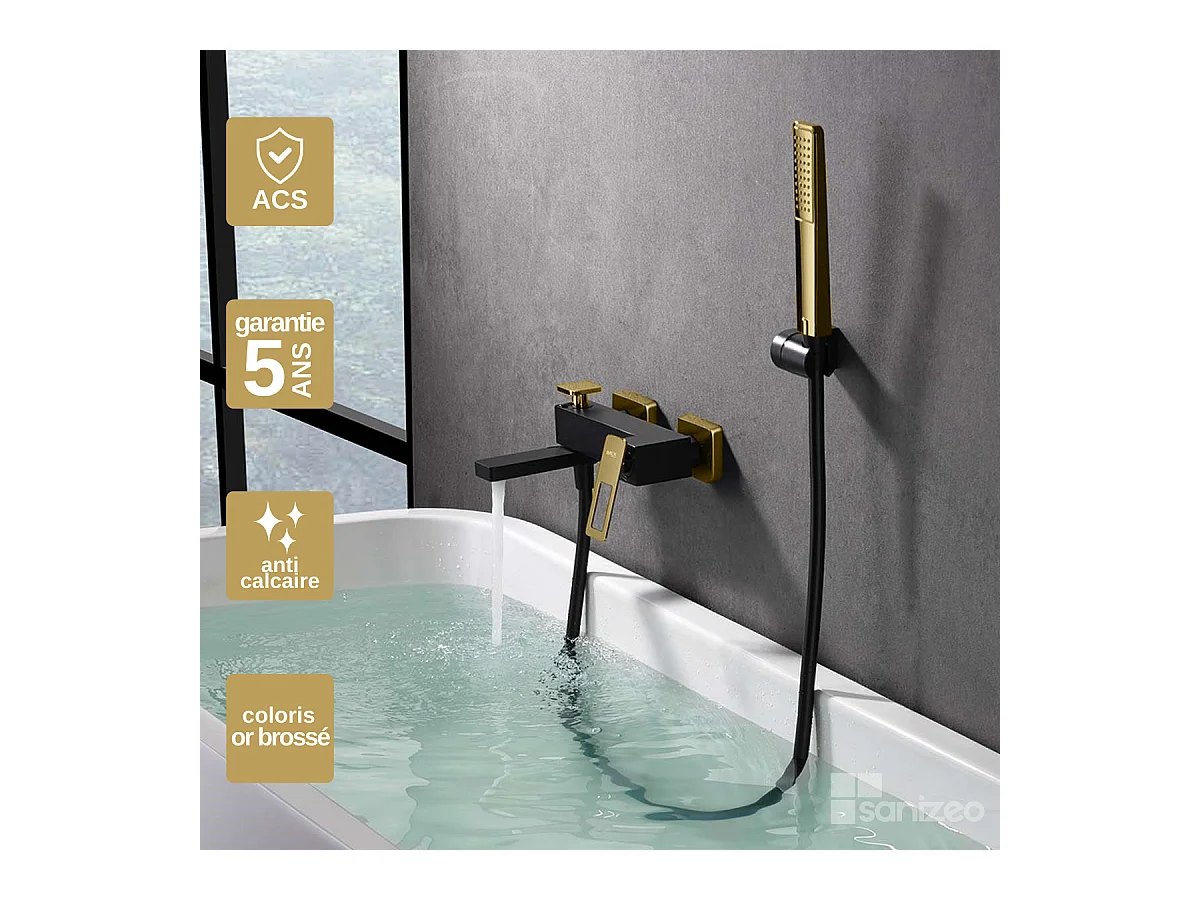 Ensemble Bain/Douche Noir Mat et Or Brillant SUECIA BDC032-7NGOLD