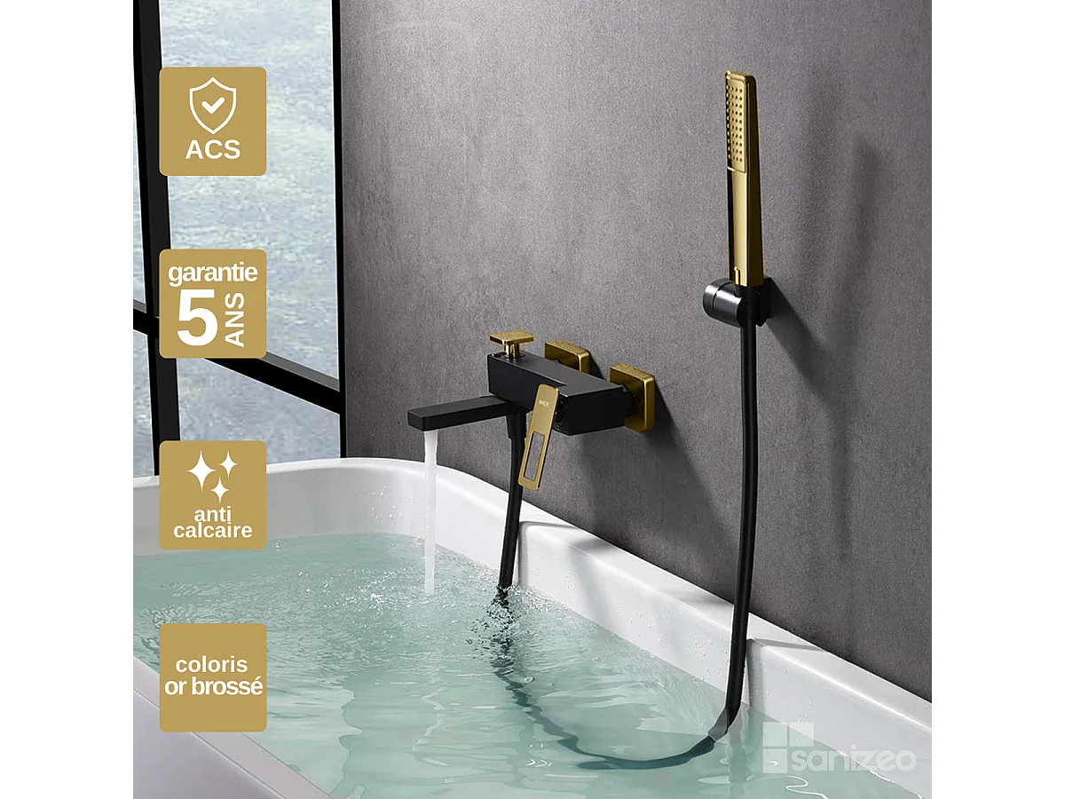 Ensemble Bain/Douche Noir Mat et Or Brillant SUECIA BDC032-7NGOLD