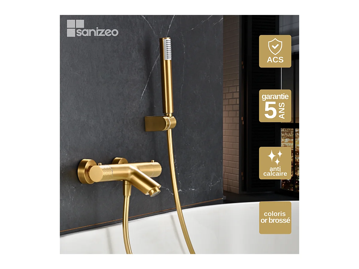 Ensemble Bain/Douche Thermostatique Anti-Calcaire Or Brossé GENOVA BDG053-4OC