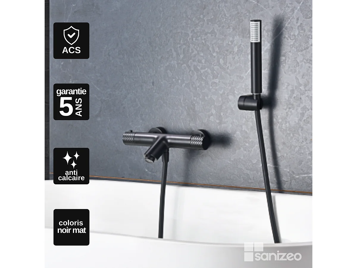 Ensemble Bain/Douche Thermostatique Anti-Calcaire Noir Mat GENOVA BDG053-4NG