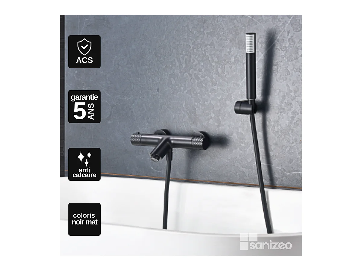 Ensemble Bain/Douche Thermostatique Anti-Calcaire Noir Mat GENOVA BDG053-4NG