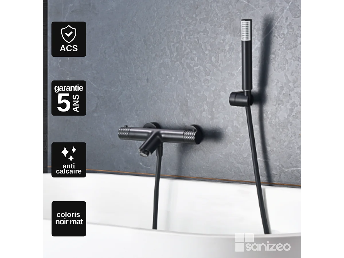 Ensemble Bain/Douche Thermostatique Anti-Calcaire Noir Mat GENOVA BDG053-4NG