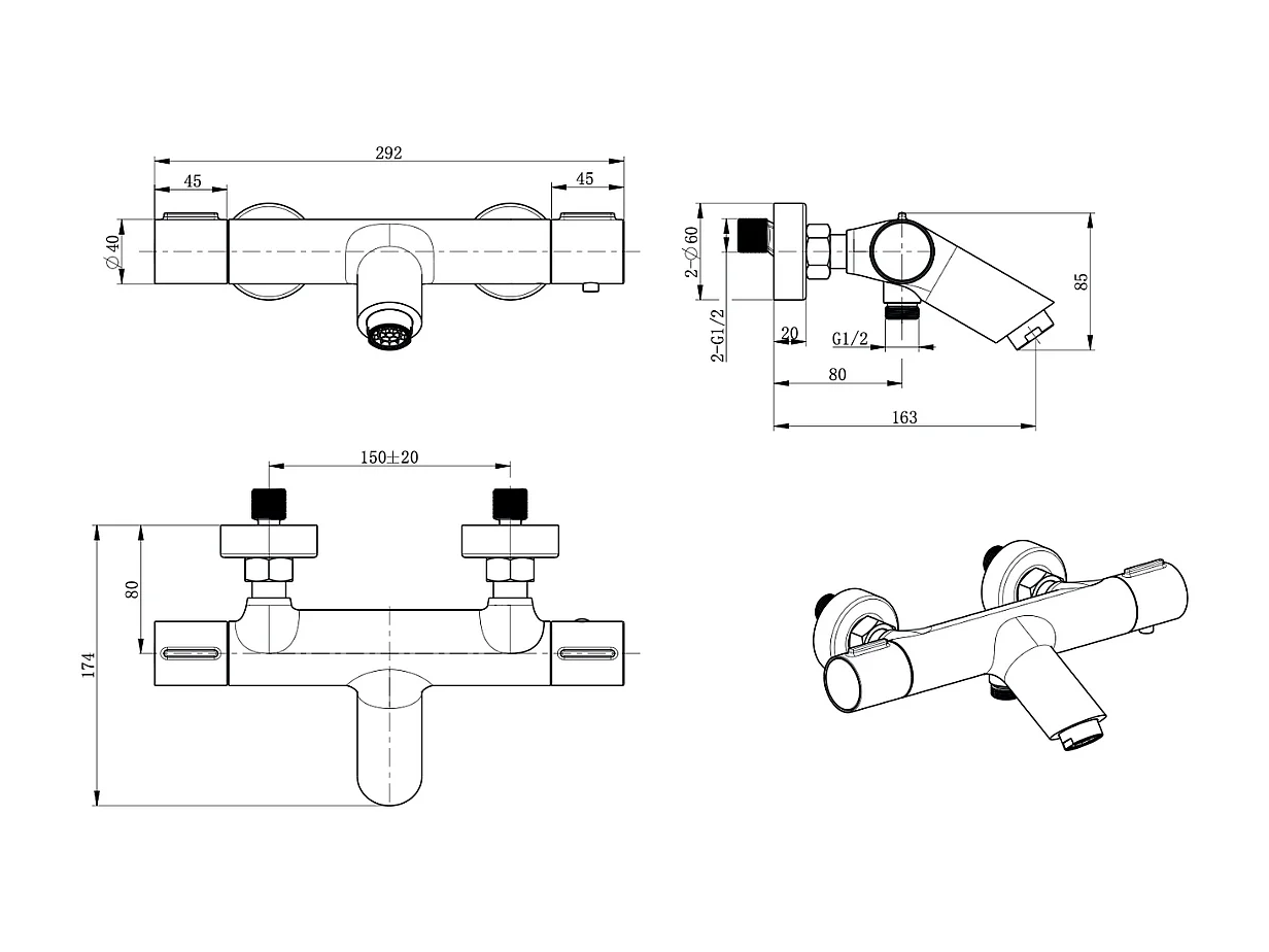 Ensemble Bain/Douche Thermostatique Économie d'Eau Chrome ECO-KENT BTK017-4ECO