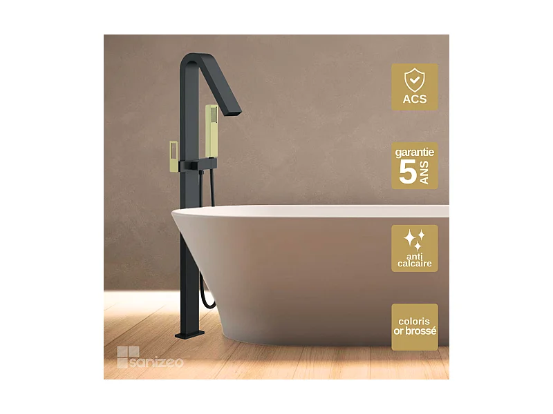 Robinet Mitigeur de Baignoire sur pied avec Douchette Noir et Or SUECIA BBEC32/NGOLD