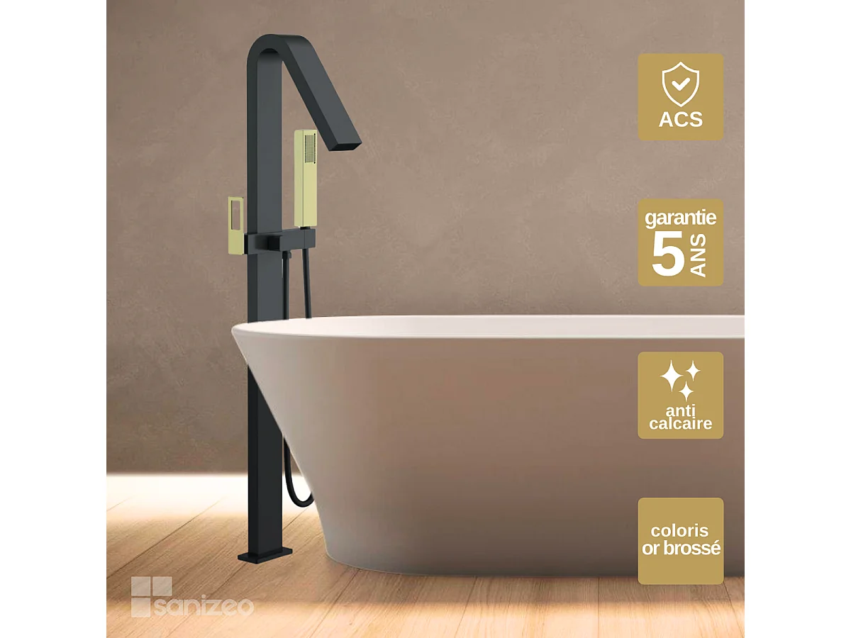Robinet Mitigeur de Baignoire sur pied avec Douchette Noir et Or SUECIA BBEC32/NGOLD