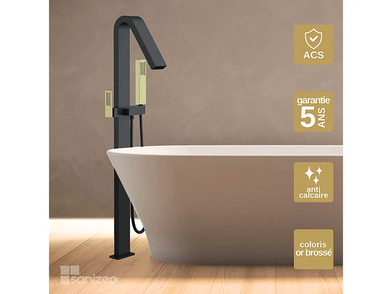 Robinet Mitigeur de Baignoire sur pied avec Douchette Noir et Or SUECIA BBEC32/NGOLD