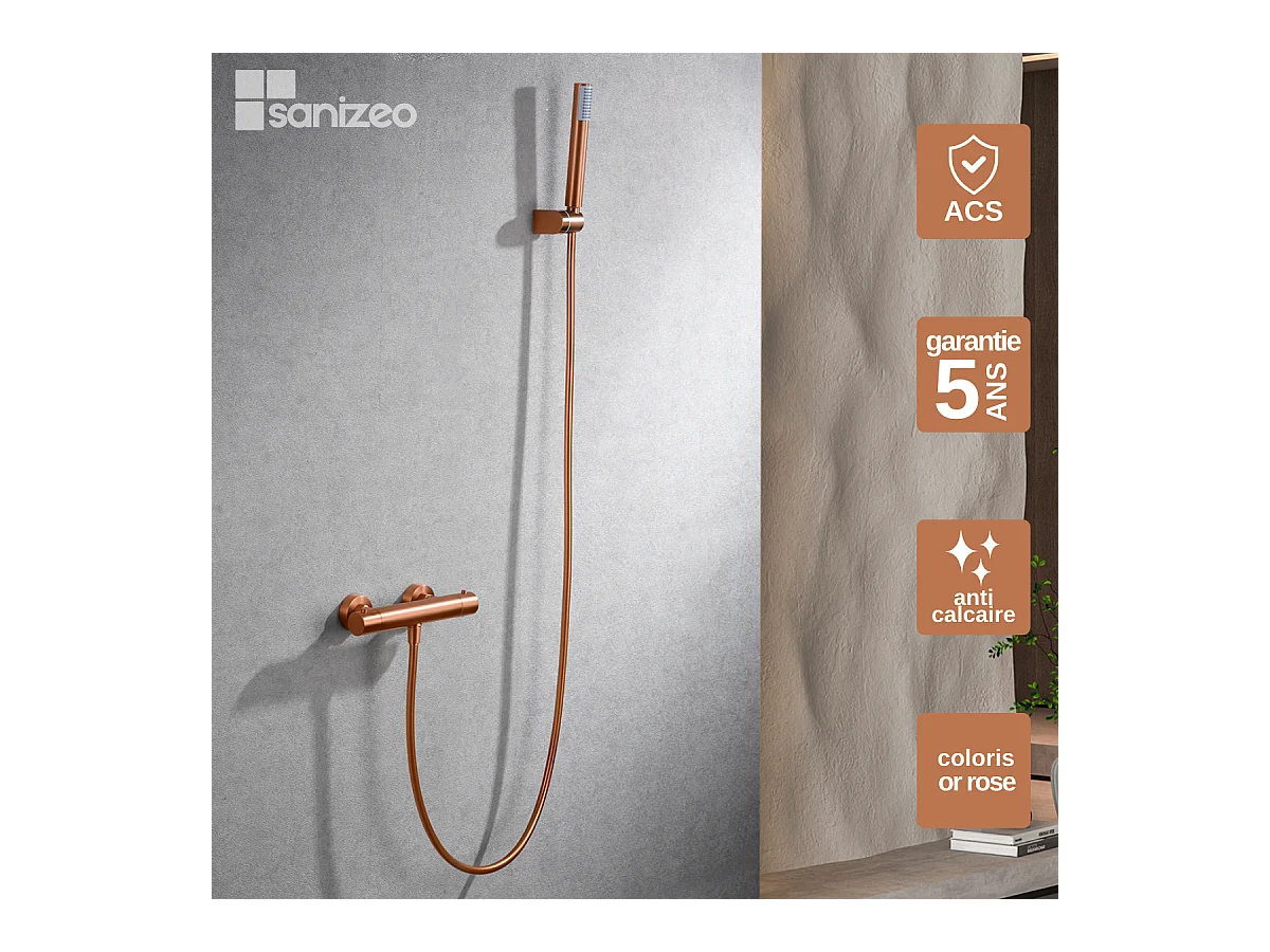 Ensemble de Douche Thermostatique Anti-Calcaire Or Rose Cuivré MONZA BTM039-5ORC