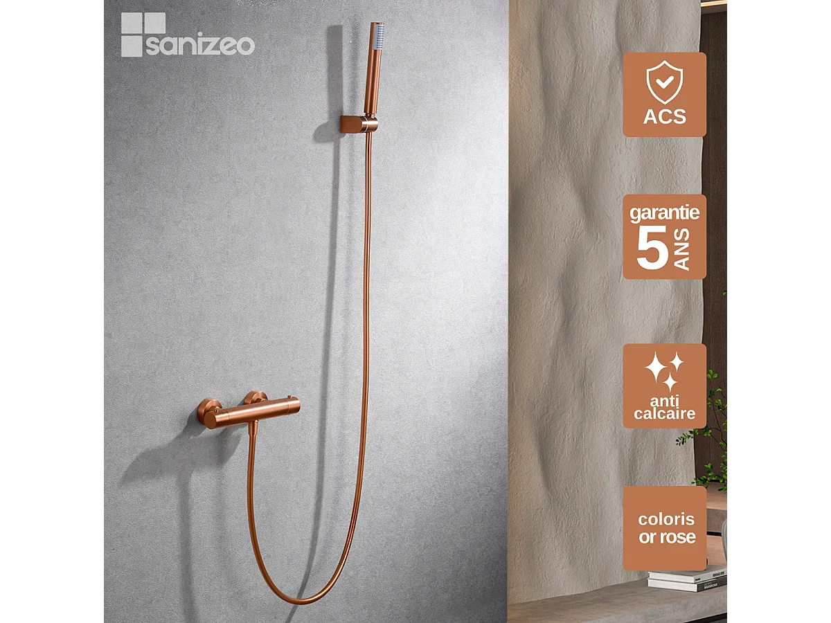 Ensemble de Douche Thermostatique Anti-Calcaire Or Rose Cuivré MONZA BTM039-5ORC