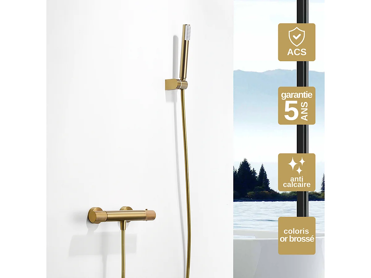 Ensemble de Douche Anti-Calcaire Thermostatique Or Brossé LINE BTD038-5OC