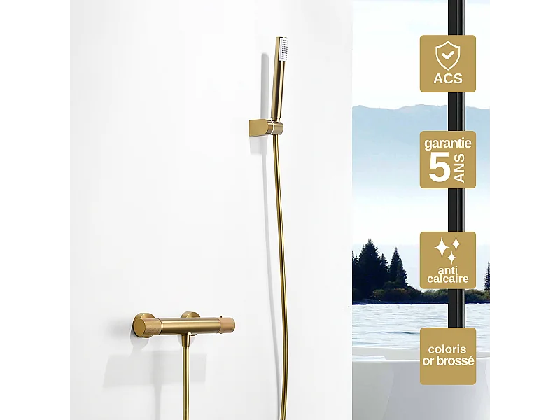 Ensemble de Douche Anti-Calcaire Thermostatique Or Brossé LINE BTD038-5OC