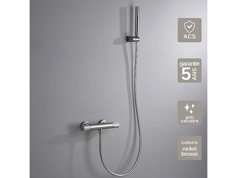 Ensemble de Douche Anti-Calcaire Thermostatique Nickel Brossé LINE BTD038-5NQ