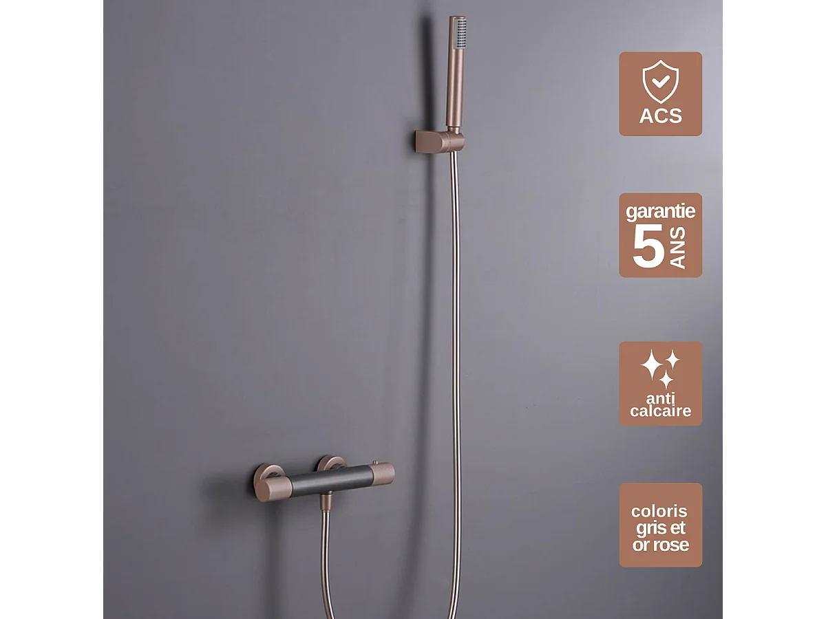 Ensemble de Douche Anti-Calcaire Thermostatique Gris et Champagne LINE BTD038-5GC