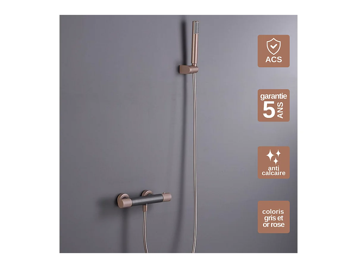 Ensemble de Douche Anti-Calcaire Thermostatique Gris et Champagne LINE BTD038-5GC
