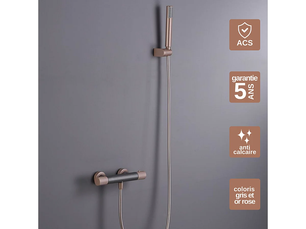 Ensemble de Douche Anti-Calcaire Thermostatique Gris et Champagne LINE BTD038-5GC