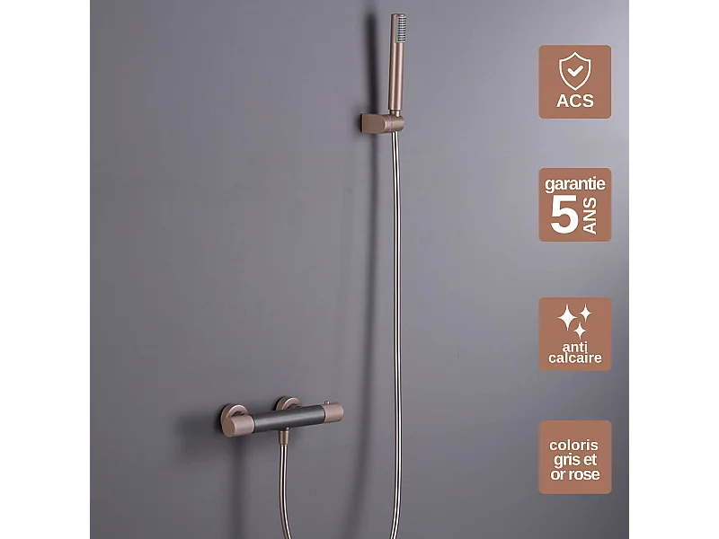 Ensemble de Douche Anti-Calcaire Thermostatique Gris et Champagne LINE BTD038-5GC