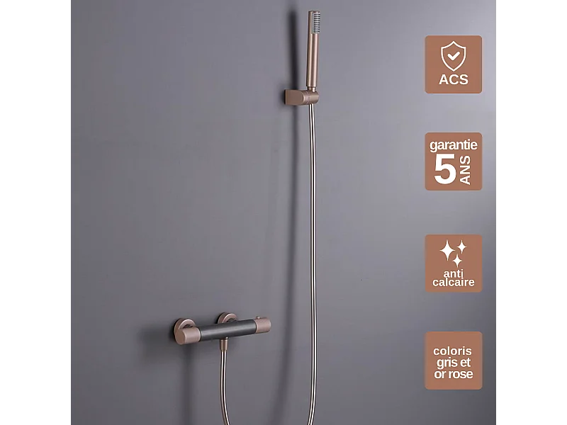 Ensemble de Douche Anti-Calcaire Thermostatique Gris et Champagne LINE BTD038-5GC
