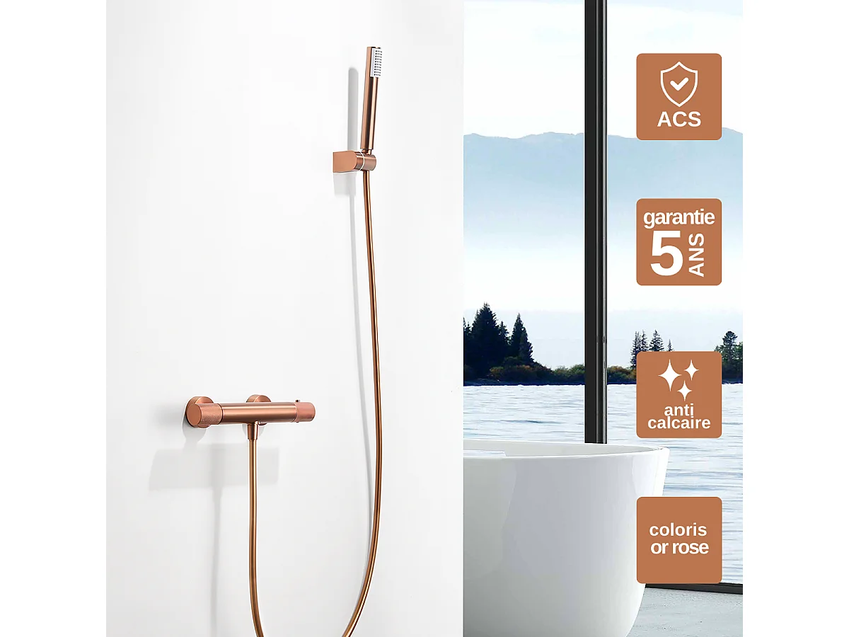 Ensemble de Douche Anti-Calcaire Thermostatique Or Rose Cuivré LINE BTD038-5/ORC