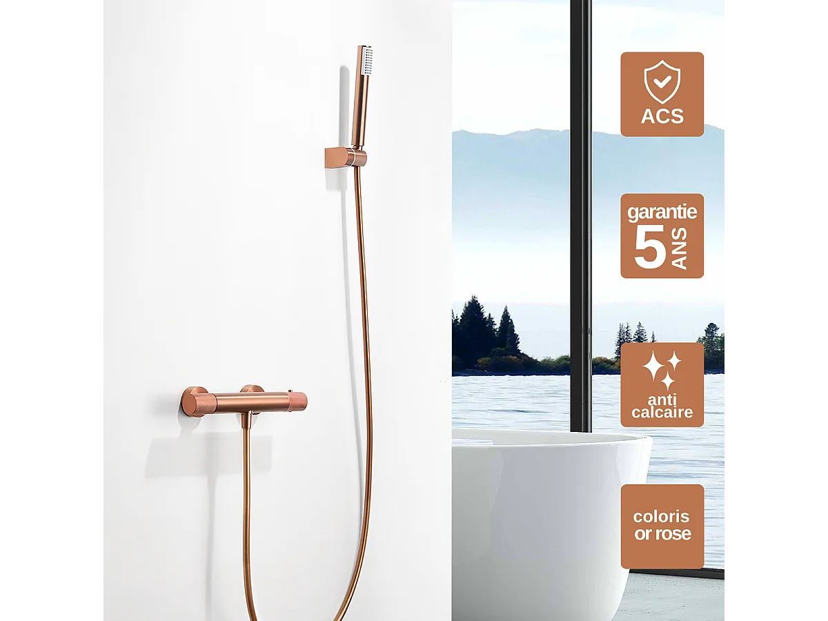 Ensemble de Douche Anti-Calcaire Thermostatique Or Rose Cuivré LINE BTD038-5/ORC