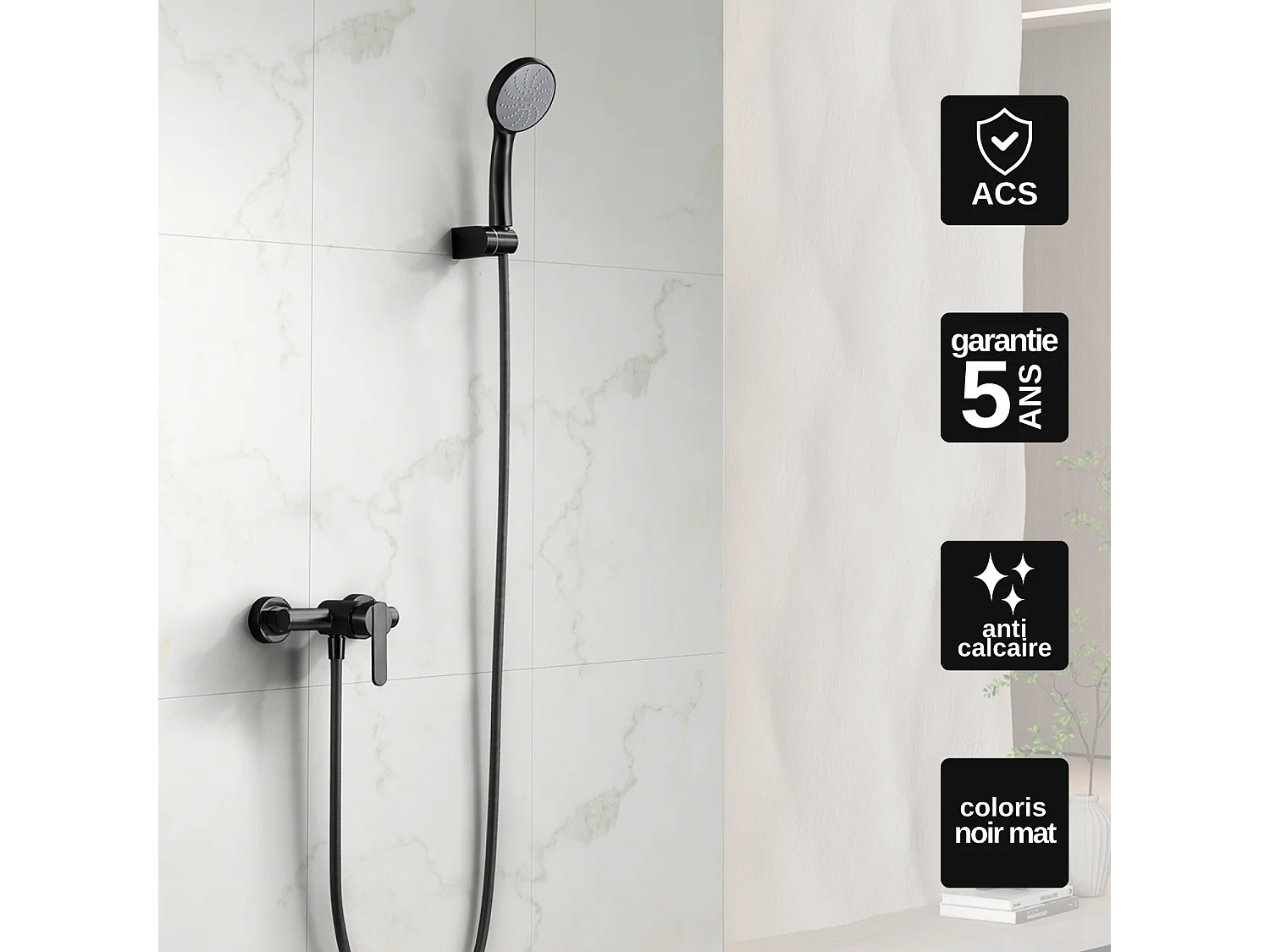 Ensemble de Douche Anti-Calcaire Noir Mat ROMA BDR001-5NG