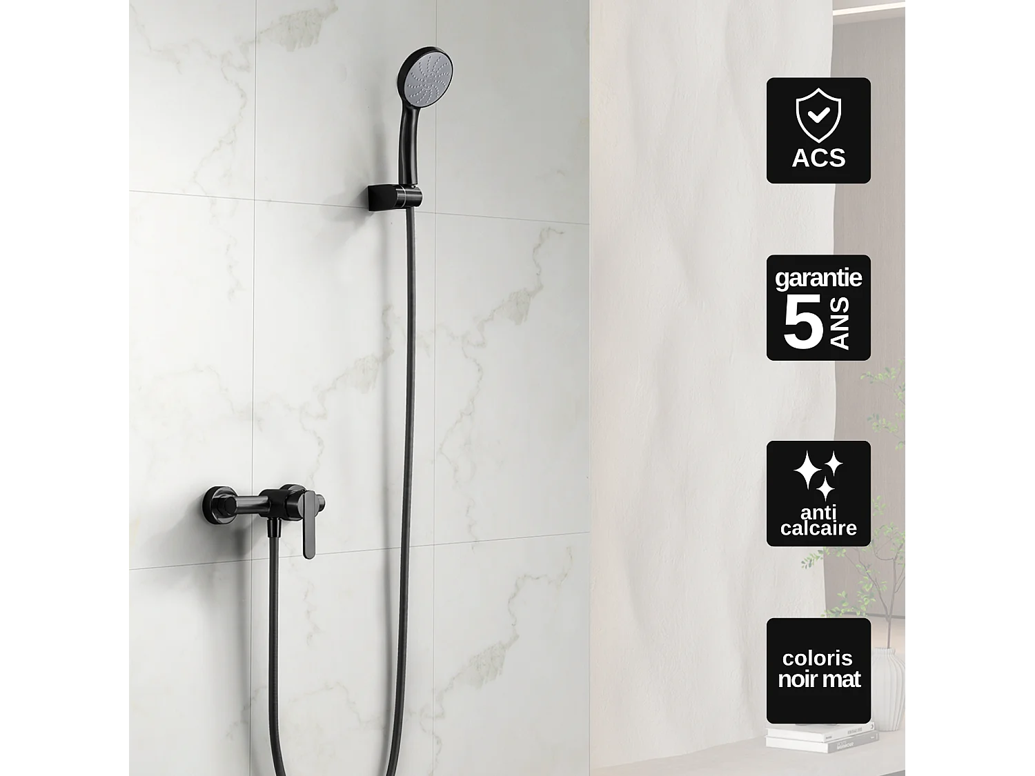 Ensemble de Douche Anti-Calcaire Noir Mat ROMA BDR001-5NG