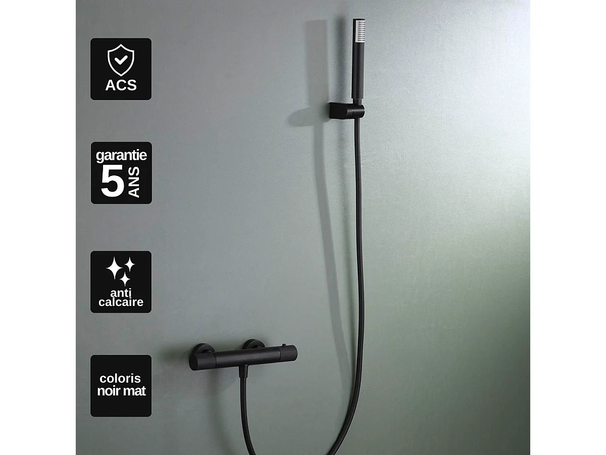 Ensemble de Douche Anti-Calcaire Thermostatique Noir Mat LINE BTD038-5NG