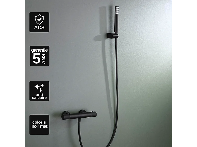 Ensemble de Douche Anti-Calcaire Thermostatique Noir Mat LINE BTD038-5NG