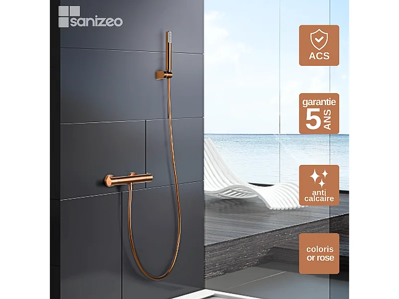Ensemble de Douche Thermostatique Anti-Calcaire Or Rose Cuivré GENOVA BDG053-5ORC