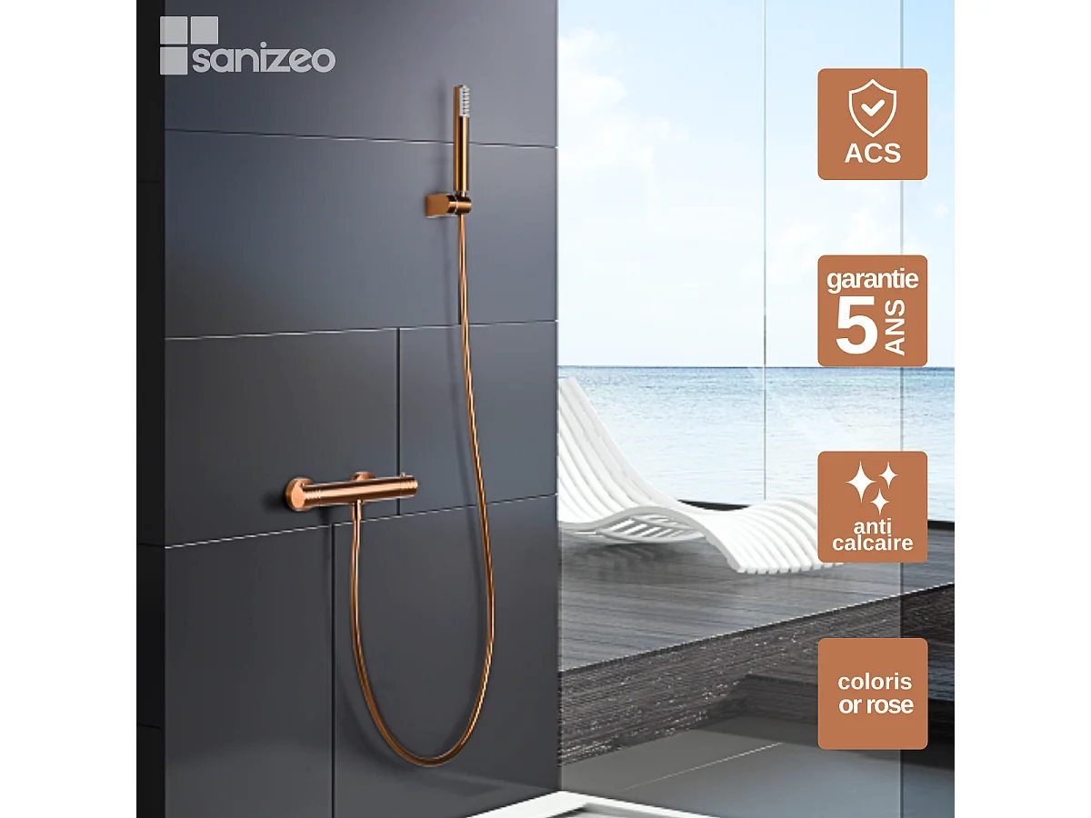Ensemble de Douche Thermostatique Anti-Calcaire Or Rose Cuivré GENOVA BDG053-5ORC