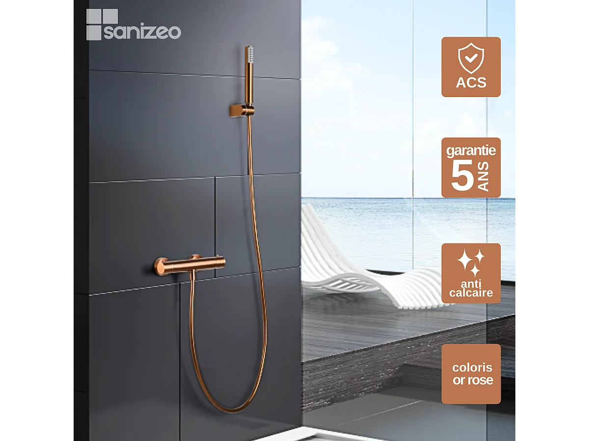 Ensemble de Douche Thermostatique Anti-Calcaire Or Rose Cuivré GENOVA BDG053-5ORC
