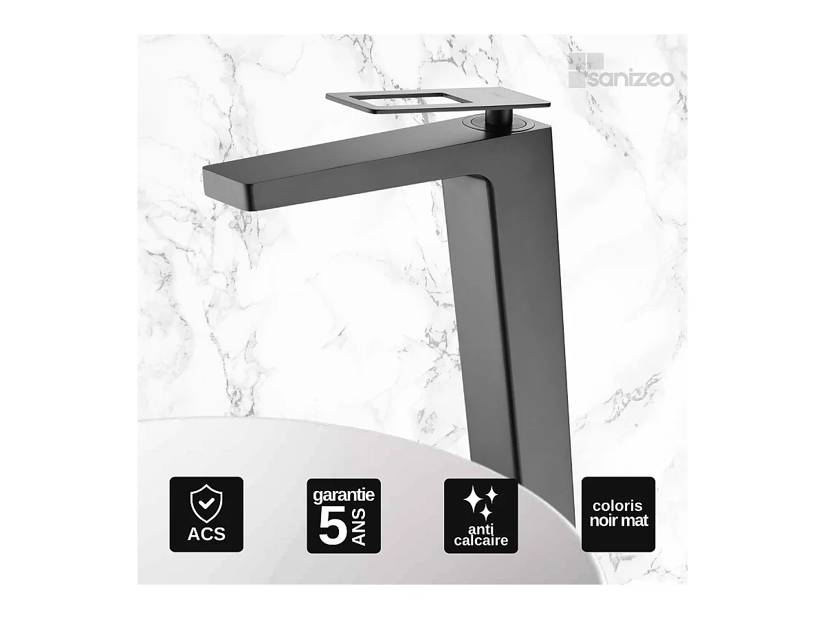 Robinet Mitigeur de Lavabo Anti-Calcaire Bec Haut Noir Mat IMEX SUECIA BDC032-3NG