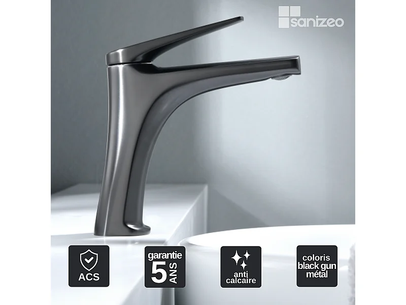 Mitigeur Lavabo Salle de Bain noir métal – Bec Bas Anti-Calcaire – Design Moderne - DELOS IMEX