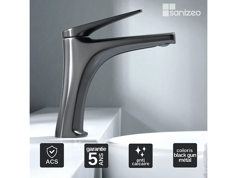 Mitigeur Lavabo Salle de Bain noir métal – Bec Bas Anti-Calcaire – Design Moderne - DELOS IMEX