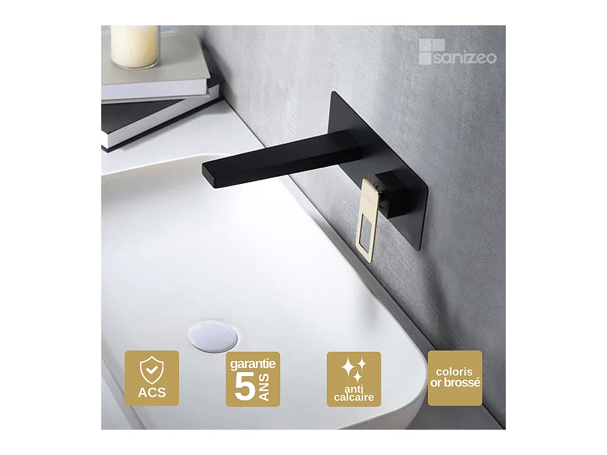 Robinet Mitigeur de Lavabo Encastré Anti-Calcaire Noir Mat et Or Brillant IMEX SUECIA BDC032-4NGOLD