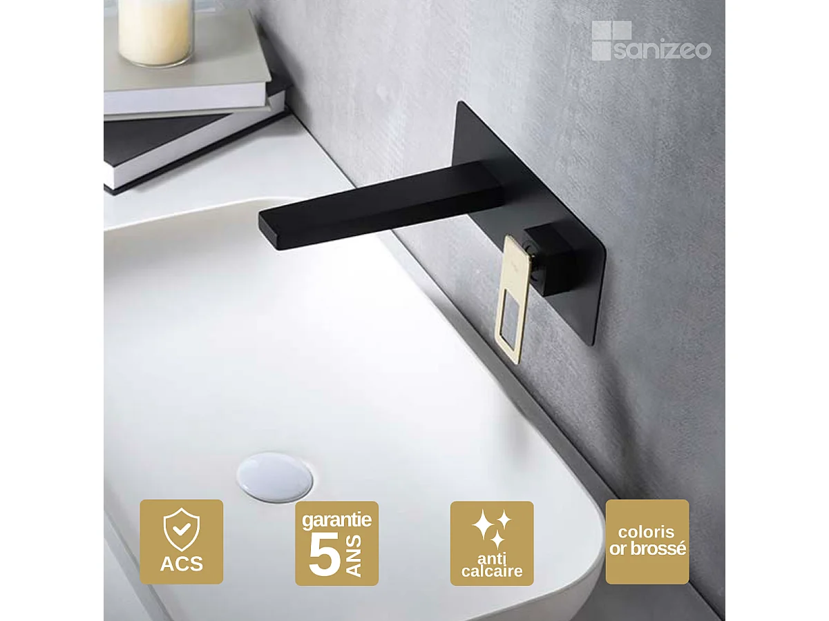 Mitigeur Lavabo Encastré Salle de Bain noir/or – Bec Haut Anti-Calcaire – Design Moderne - SUECIA IMEX