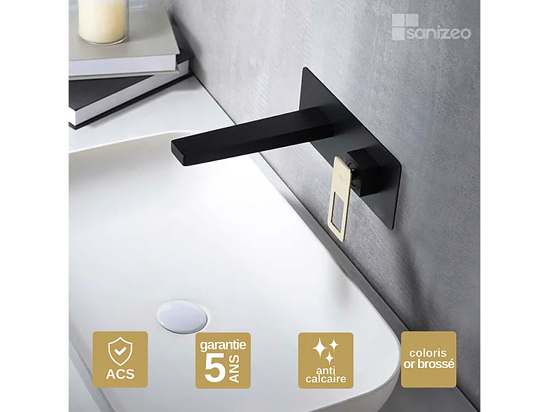 Mitigeur Lavabo Encastré Salle de Bain noir/or – Bec Haut Anti-Calcaire – Design Moderne - SUECIA IMEX