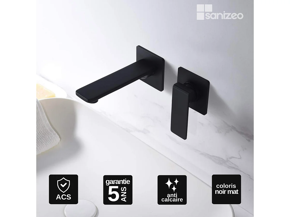 Mitigeur Lavabo Encastré Salle de Bain noir mat – Anti-Calcaire – Design moderne - FIYI IMEX