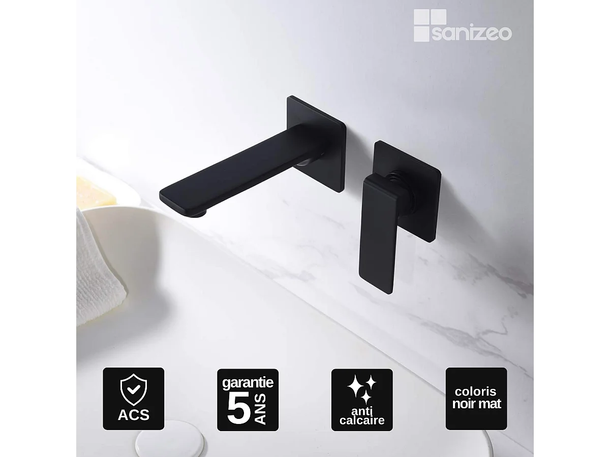 Mitigeur Lavabo Encastré Salle de Bain noir mat – Anti-Calcaire – Design moderne - FIYI IMEX