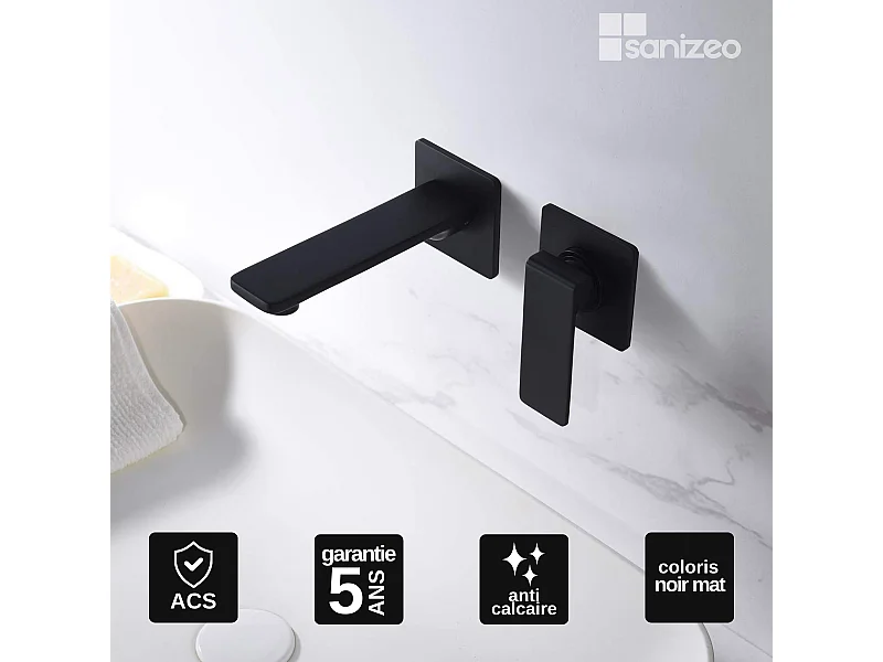 Mitigeur Lavabo Encastré Salle de Bain noir mat – Anti-Calcaire – Design moderne - FIYI IMEX