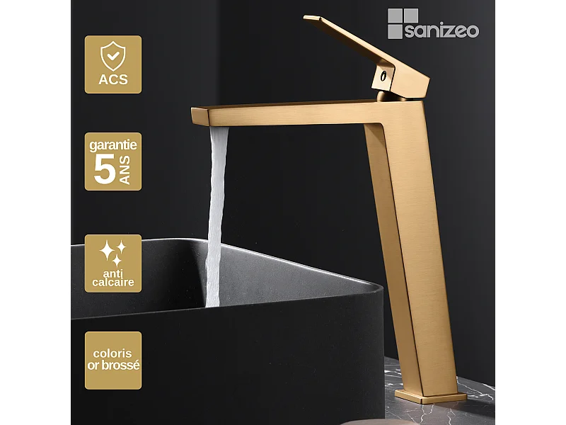 Mitigeur Lavabo Salle de Bain or brossé – Bec Haut Anti-Calcaire – Design moderne - ART IMEX