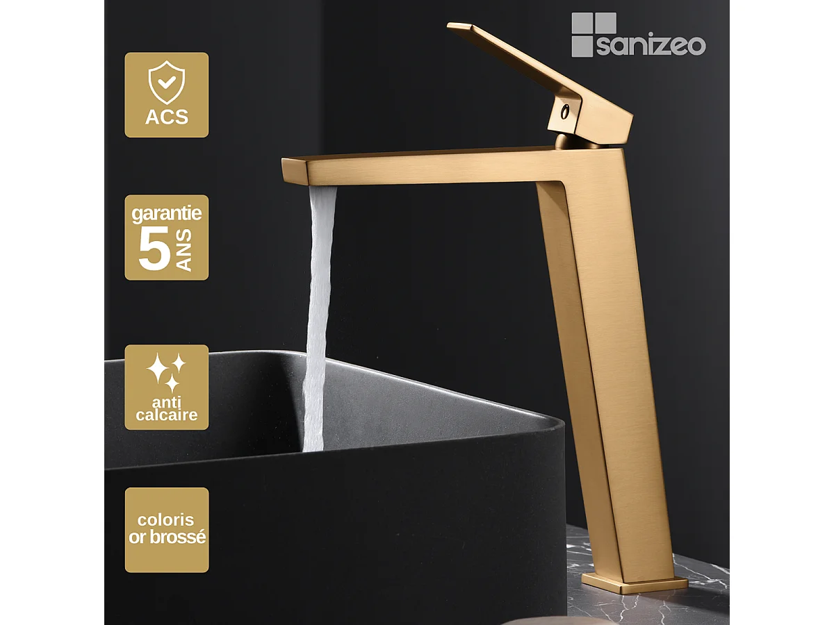 Mitigeur Lavabo Salle de Bain or brossé – Bec Haut Anti-Calcaire – Design moderne - ART IMEX