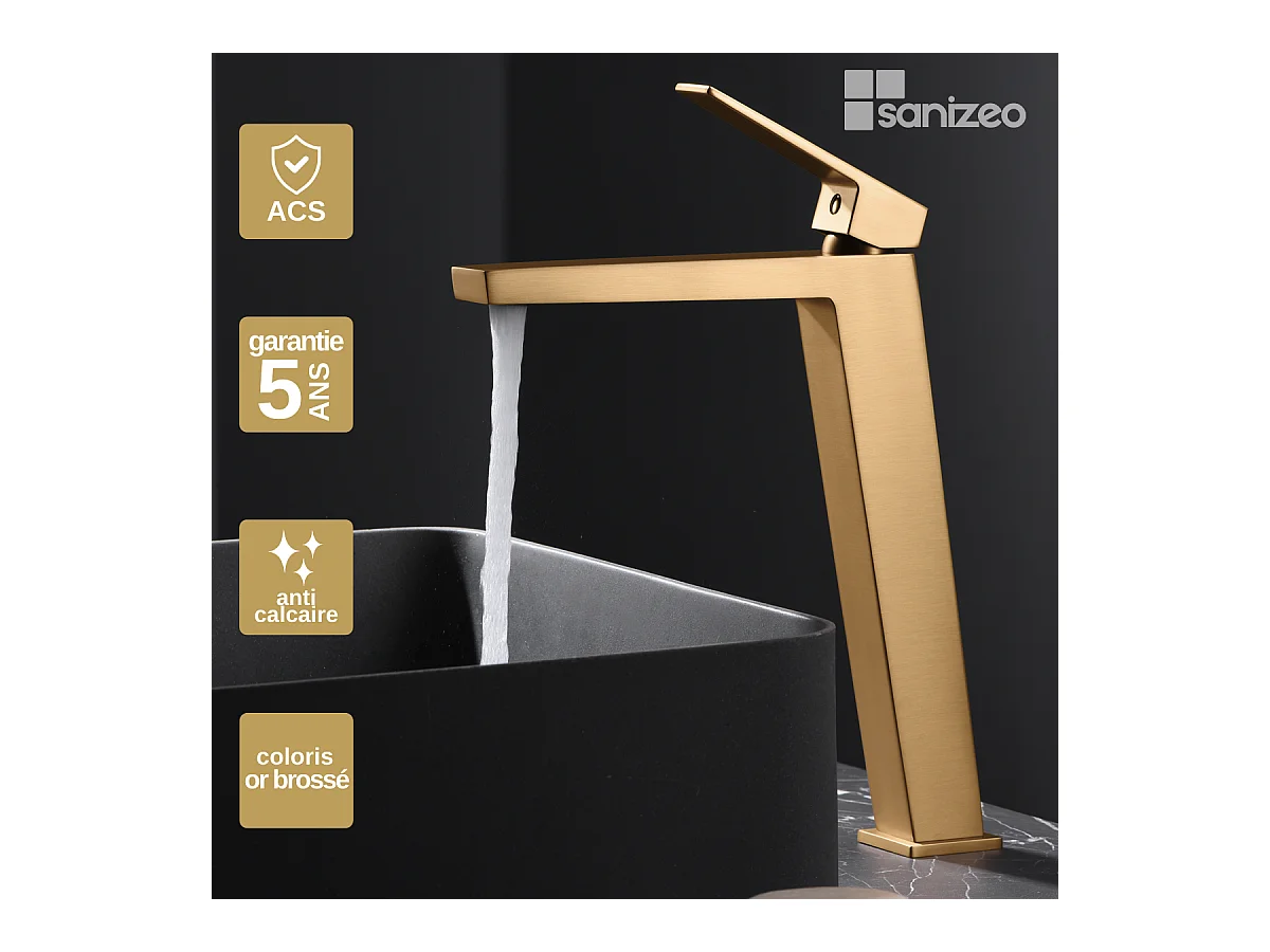 Robinet Mitigeur de Lavabo Anti-Calcaire Bec Haut Or Brossé IMEX ART BDAR025-3OC