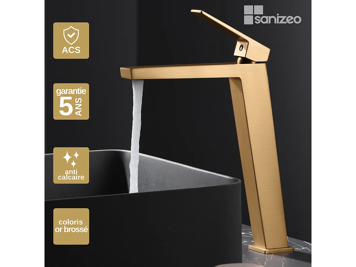 Mitigeur Lavabo Salle de Bain or brossé – Bec Haut Anti-Calcaire – Design moderne - ART IMEX