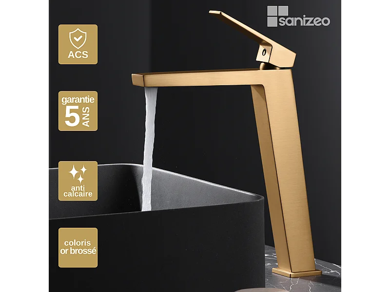 Mitigeur Lavabo Salle de Bain or brossé – Bec Haut Anti-Calcaire – Design moderne - ART IMEX