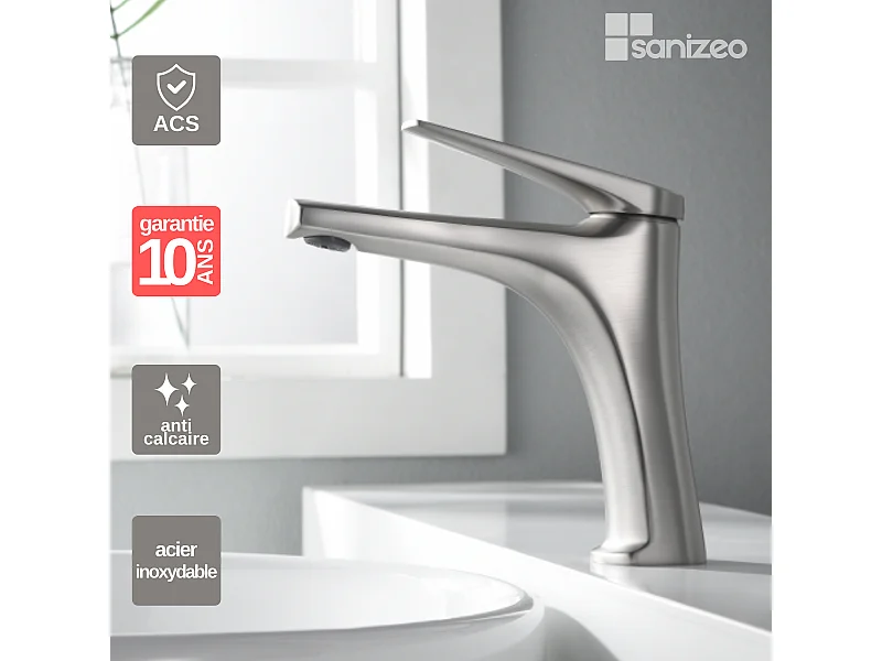 Mitigeur Lavabo Salle de Bain acier inoxydabke – Bec Bas Anti-Calcaire – Design Moderne - DELOS IMEX