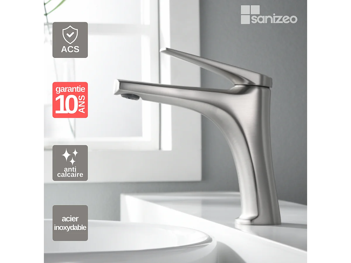 Mitigeur Lavabo Salle de Bain acier inoxydabke – Bec Bas Anti-Calcaire – Design Moderne - DELOS IMEX