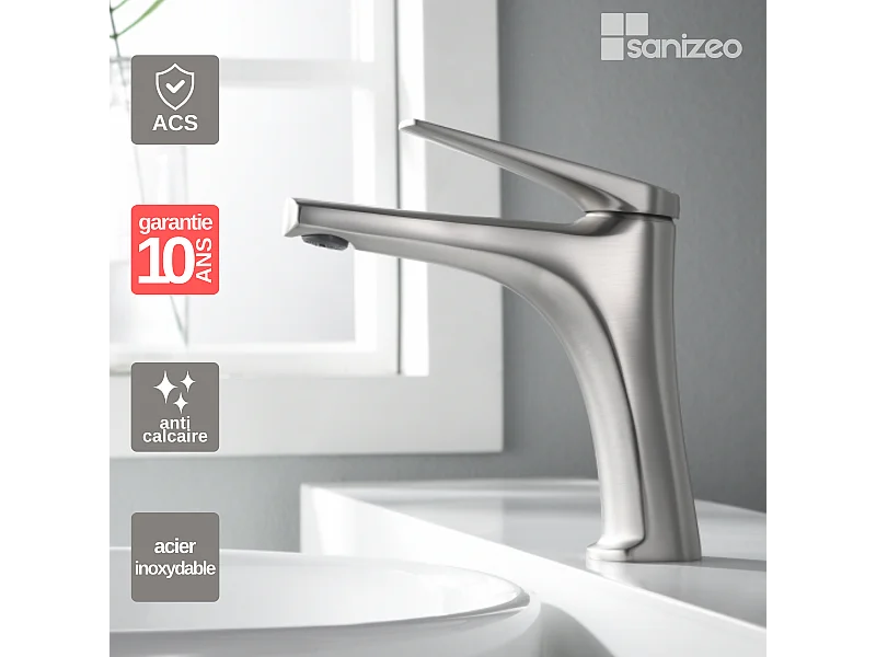 Mitigeur Lavabo Salle de Bain acier inoxydabke – Bec Bas Anti-Calcaire – Design Moderne - DELOS IMEX