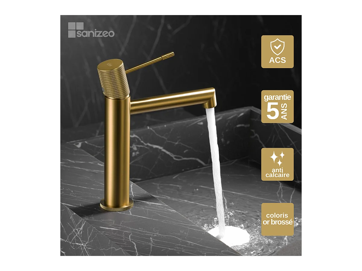 Robinet Mitigeur de Lavabo Anti-Calcaire Bec Bas Or Brossé IMEX LINE BDD038-1OC